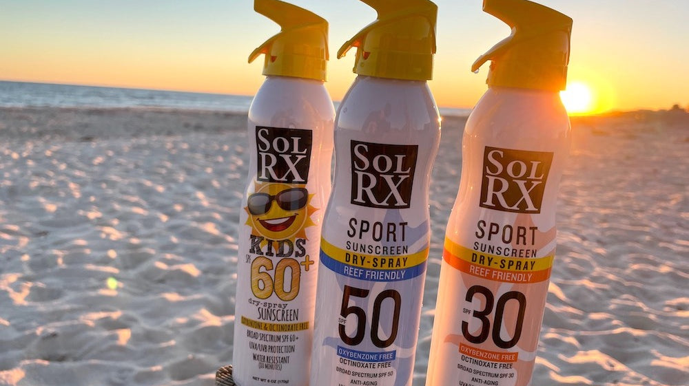 SolRX dry spray sunscreen has uva/uvb broad spectrum protection