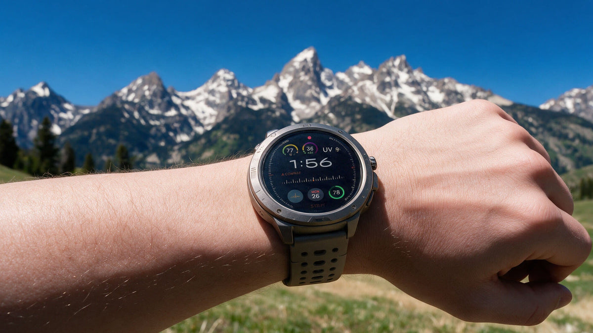 Smartwatch showing a UV Index of 9 against snow-capped Idaho mountains on a clear day