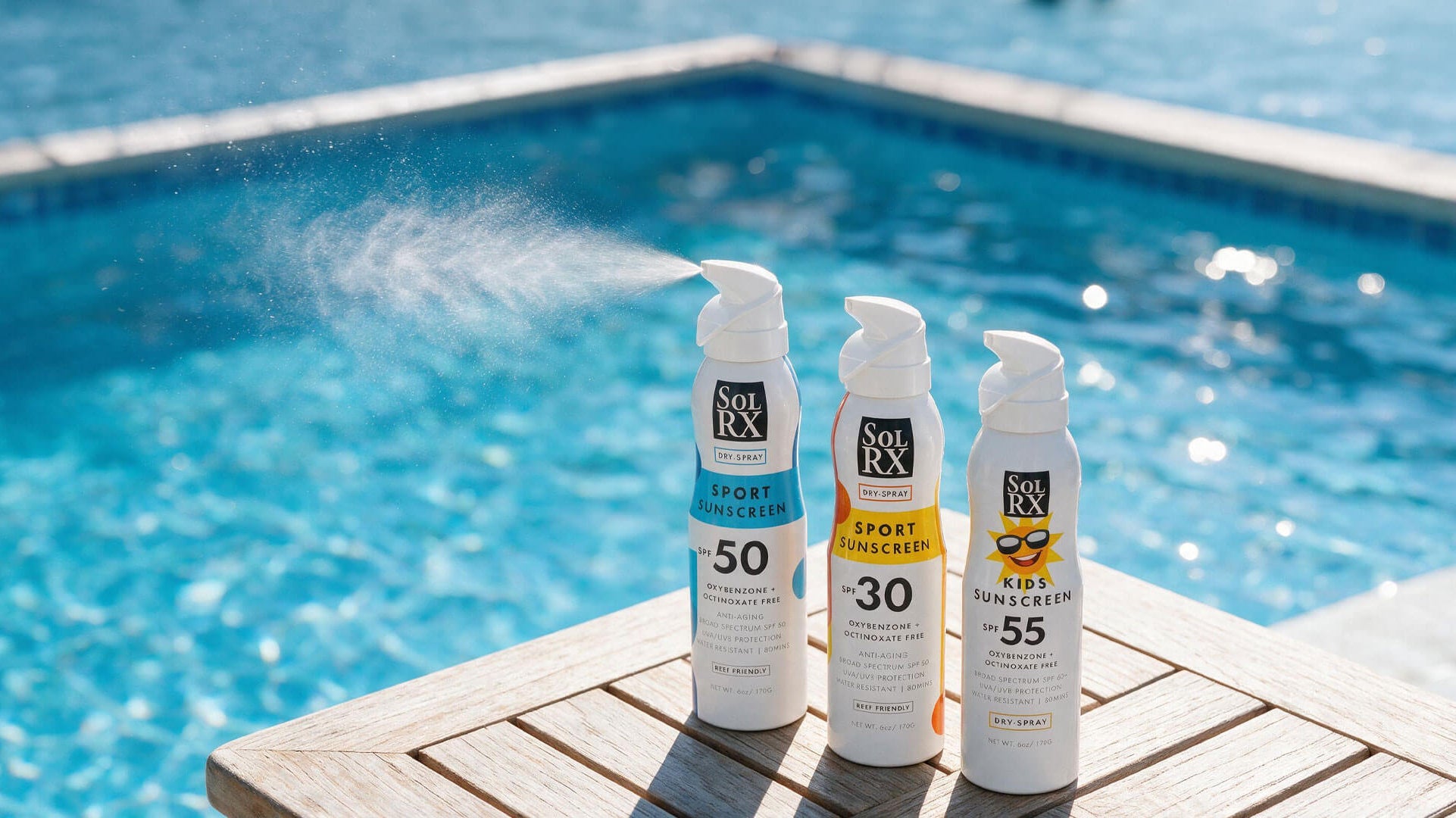 SolRX SPF 30 and SPF 50 continuous spray sunscreen dry spray reef safe poolside