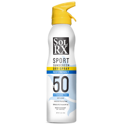 SolRX sport sunscreen dry spray broad spectrum uva/uvb protection reef friendly anti-aging spf 50
