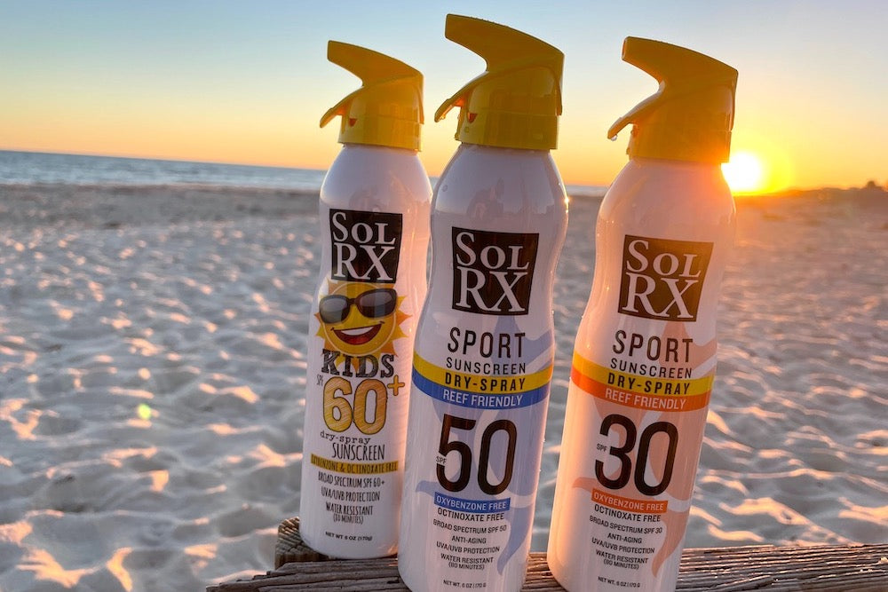 SolRX dry spray sunscreen has uva/uvb broad spectrum protection