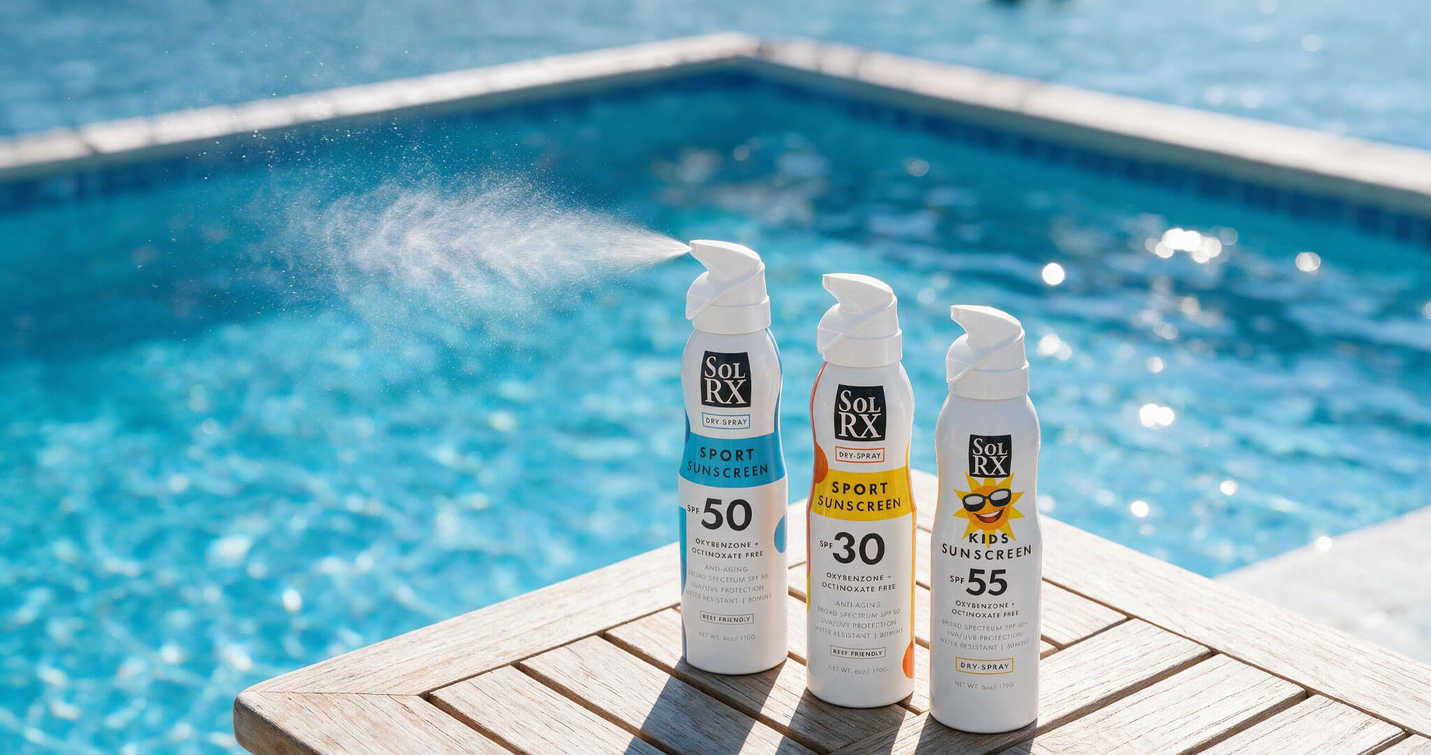 SolRX SPF 30 and SPF 50 continuous spray sunscreen dry spray reef safe poolside