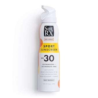 SolRX SPF 30 continuous spray sunscreen reef safe water resistant oxybenzone free everyday protection 6oz
