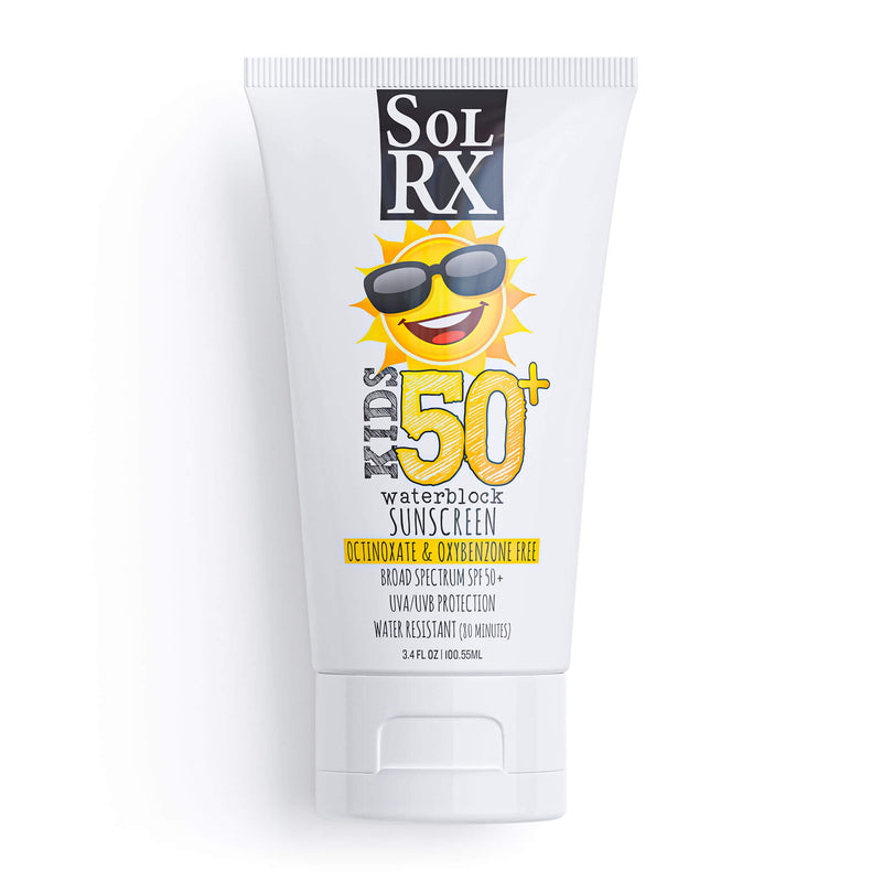 SolRX Kids SPF 50 Waterblock sunscreen tear free hypoallergenic 8 hour water resistant 3.4oz