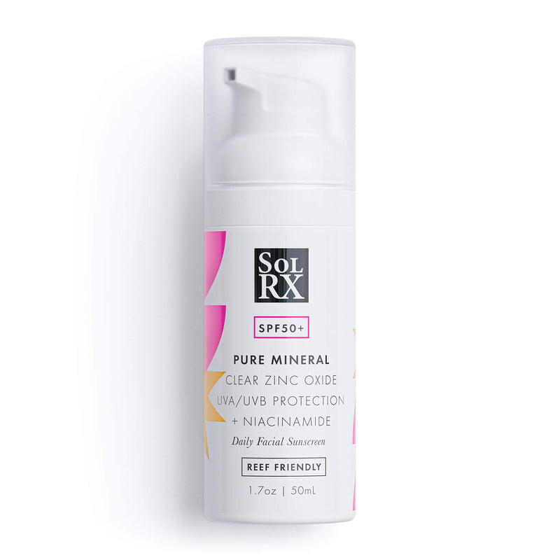 SolRX Pure Mineral SPF 50 face sunscreen zinc oxide niacinamide no white cast reef safe 1.7oz
