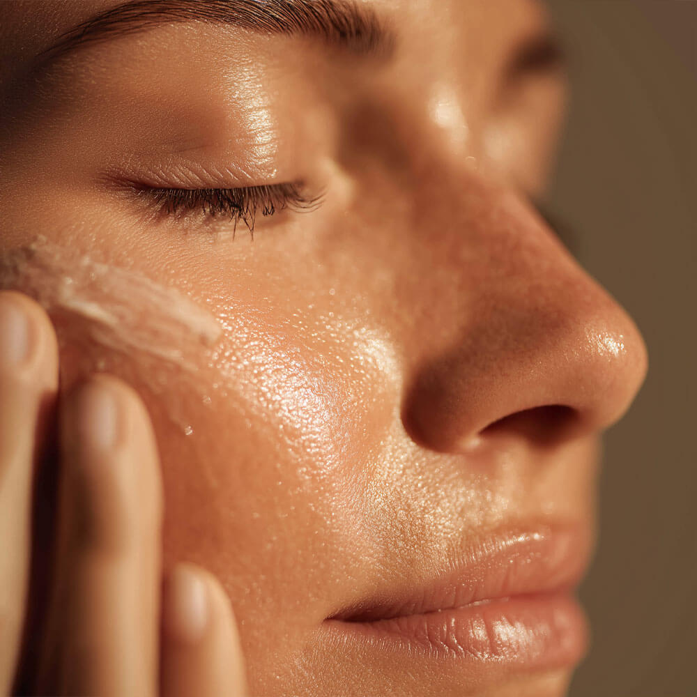 Woman applying SolRX face sunscreen mineral SPF 50 no white cast daily protection