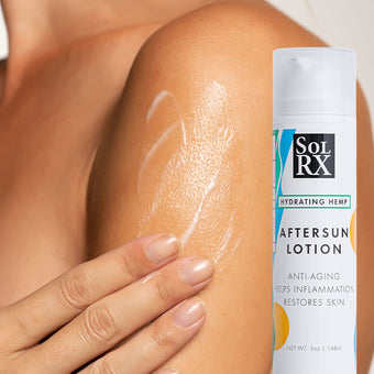SolRX Hydrating Hemp Aftersun Lotion applied to sun-exposed skin post sun care