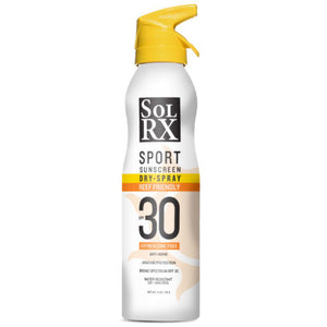 SolRX sport sunscreen dry spray broad spectrum uva/uvb protection reef friendly anti-aging spf 30